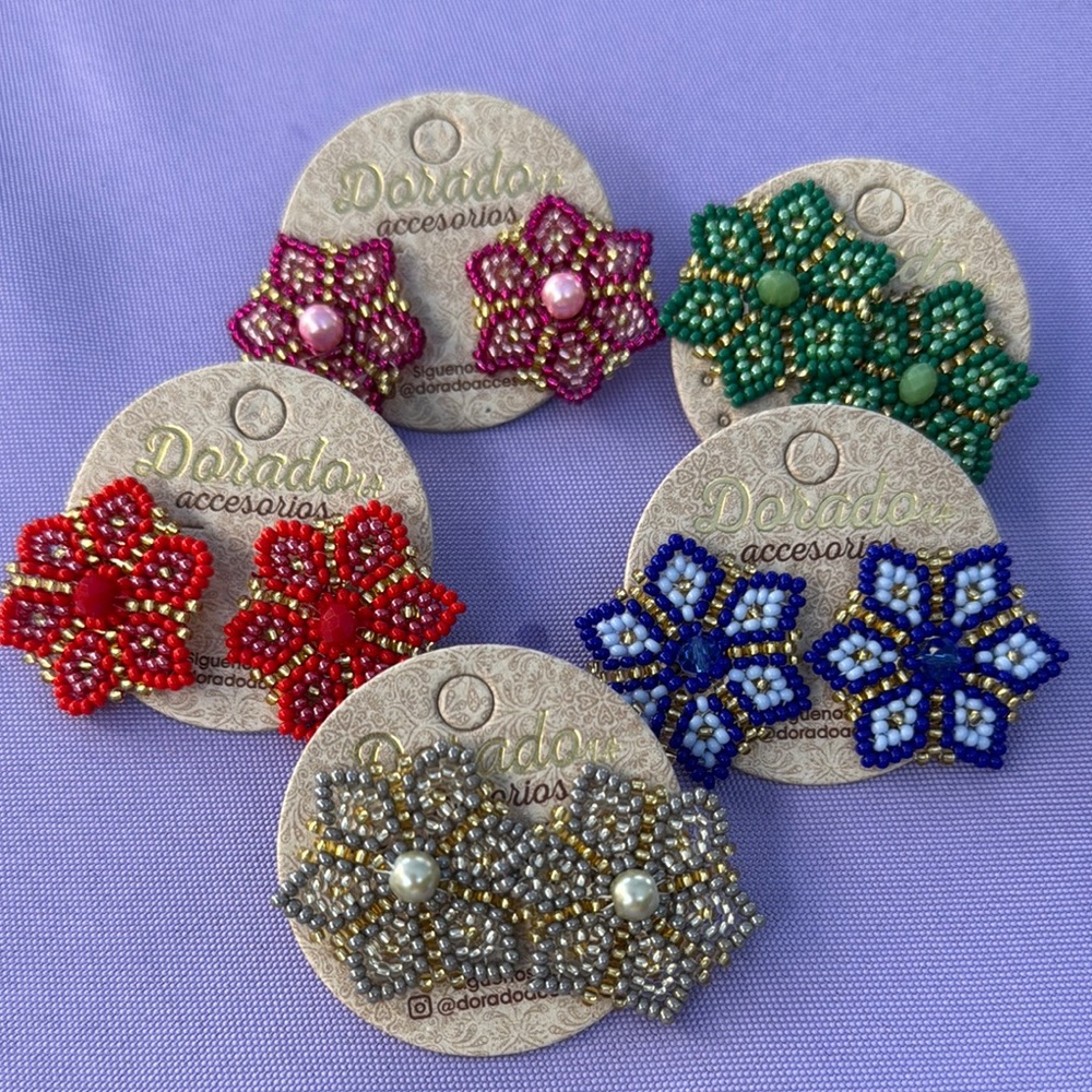 Beaded Flower Earrings Set - Red, Green, Blue, Gold